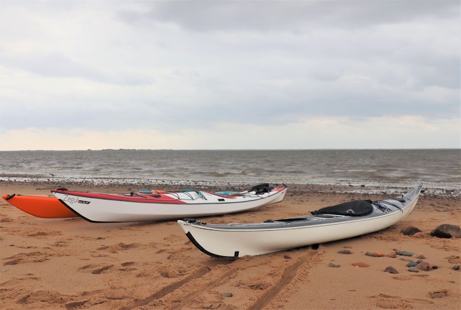 tre havkajakker på strand
